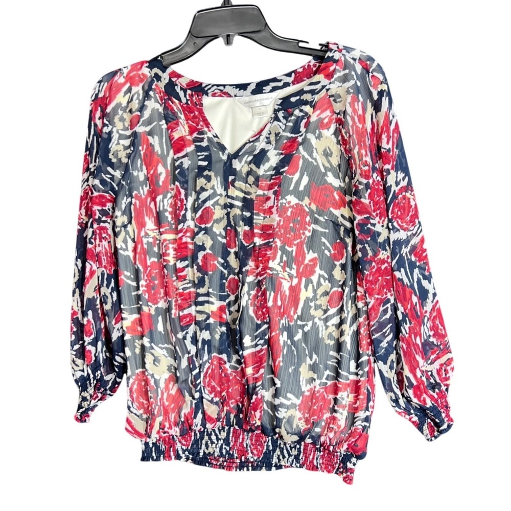 Christopher & Banks Womens Size Medium V Neck Blouse Red Floral Business Casual - Picture 2 of 14